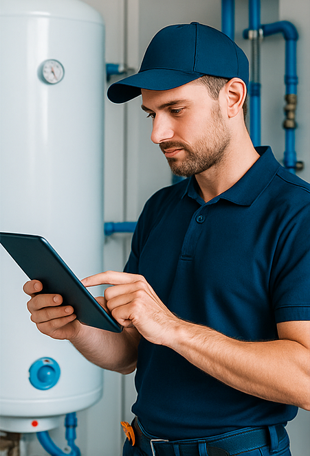 Plumber using a tablet to inspect and manage plumbing system